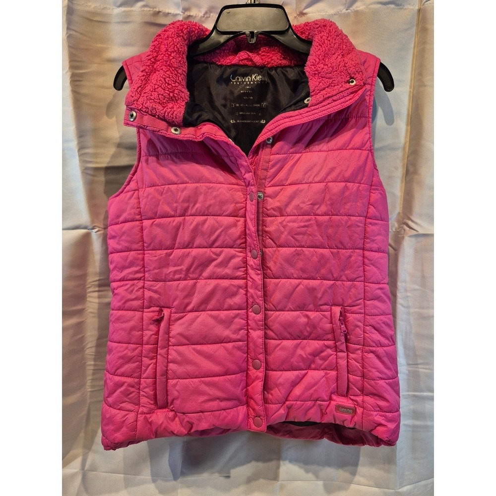 Calvin Klein Performance Puffer Vest Pink Sherpa Collar Zip Snap‎ Women xl